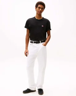 T-shirt mezza manica Tommy Jeans nera regular-fit in puro cotone con logo flag ricamato sul petto