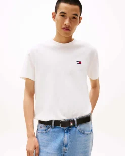 T-shirt mezza manica Tommy Jeans bianca regular-fit in puro cotone con logo flag ricamato sul petto