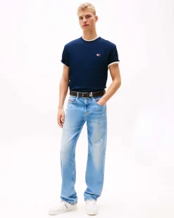 T-shirt mezza manica Tommy Jeans blu regular-fit in puro cotone con logo flag ricamato sul petto