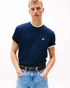 T-shirt mezza manica Tommy Jeans blu regular-fit in puro cotone con logo flag ricamato sul petto