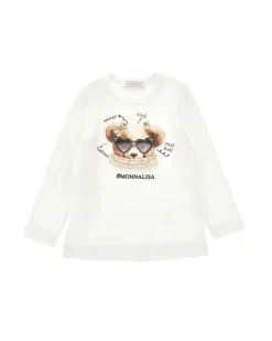 T-shirt Monnalisa avorio in cotone stretch a maniche lunghe con orsetto