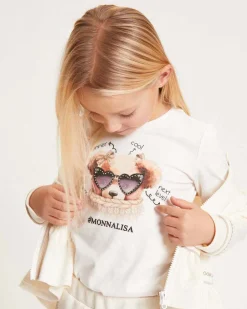 T-shirt Monnalisa avorio in cotone stretch a maniche lunghe con orsetto