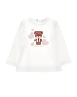 T-shirt Monnalisa bianca a manica lunga in cotone con stampa orsetto e cuori