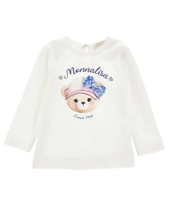 T-shirt Monnalisa bianca in cotone a maniche lunghe con stampa orsa logo