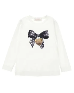 T-shirt Monnalisa bianca in cotone stretch a maniche lunghe con stampa fiocco