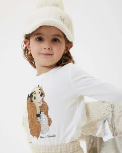 T-shirt Monnalisa bianca in cotone stretch a maniche lunghe con stampa 'Lilly' con strass