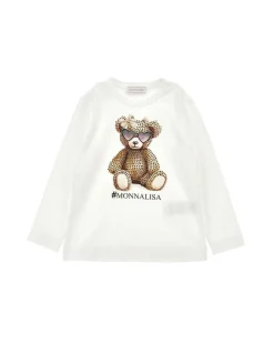 T-shirt Monnalisa bianca in cotone stretch a maniche lunghe con orsetto strass