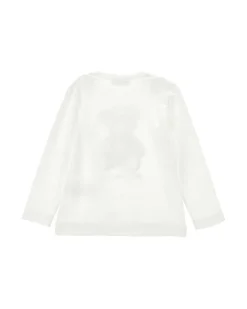 T-shirt Monnalisa bianca in cotone stretch a maniche lunghe con orsetto strass