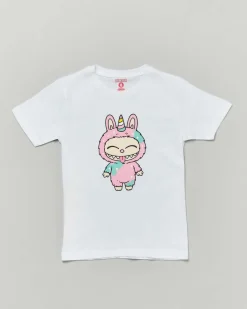T-shirt Mousse bianca in cotone con stampa Labubu unicorno