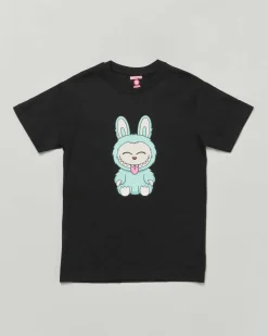 T-shirt Mousse nera in cotone con stampa Labubu verde acqua