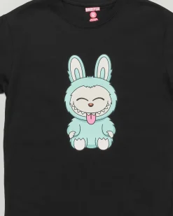 T-shirt Mousse nera in cotone con stampa Labubu verde acqua