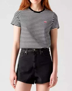 T-shirt nera a righe bianche Levi's® in cotone con micro logo Batwing ricamato sul petto