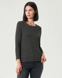T-shirt nera a righe sottili bianche Emme Marella a maniche lunghe in viscosa stretch
