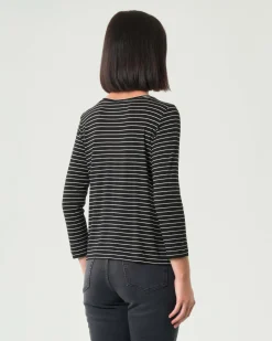 T-shirt nera a righe sottili bianche Emme Marella a maniche lunghe in viscosa stretch