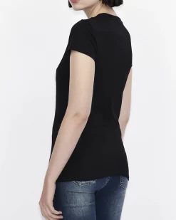 T-shirt nera Armani Exchange in cotone con logo in paillettes reversibili nel color oro