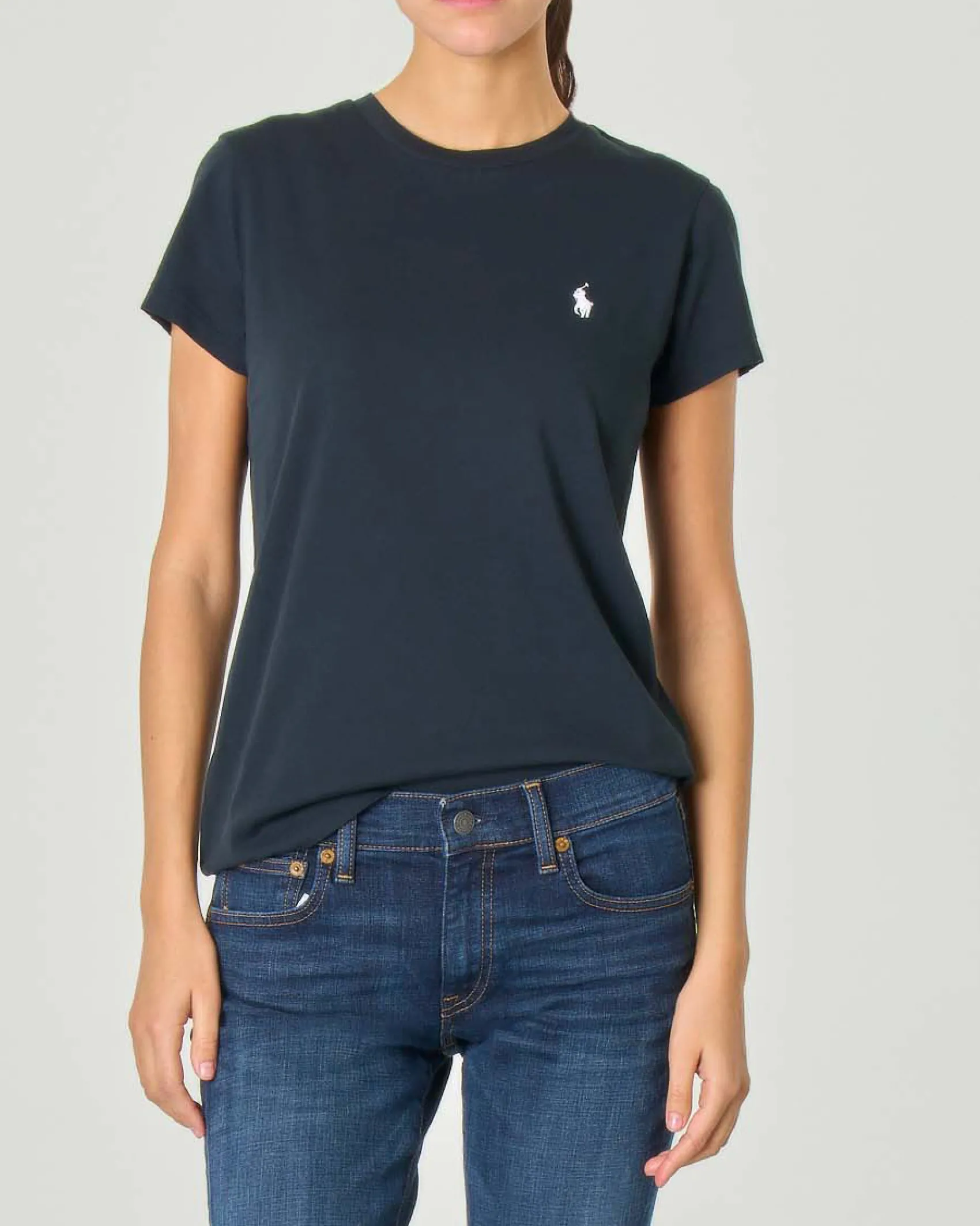 T-shirt nera girocollo in cotone con logo bianco ricamato