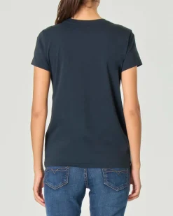 T-shirt nera girocollo in cotone con logo bianco ricamato