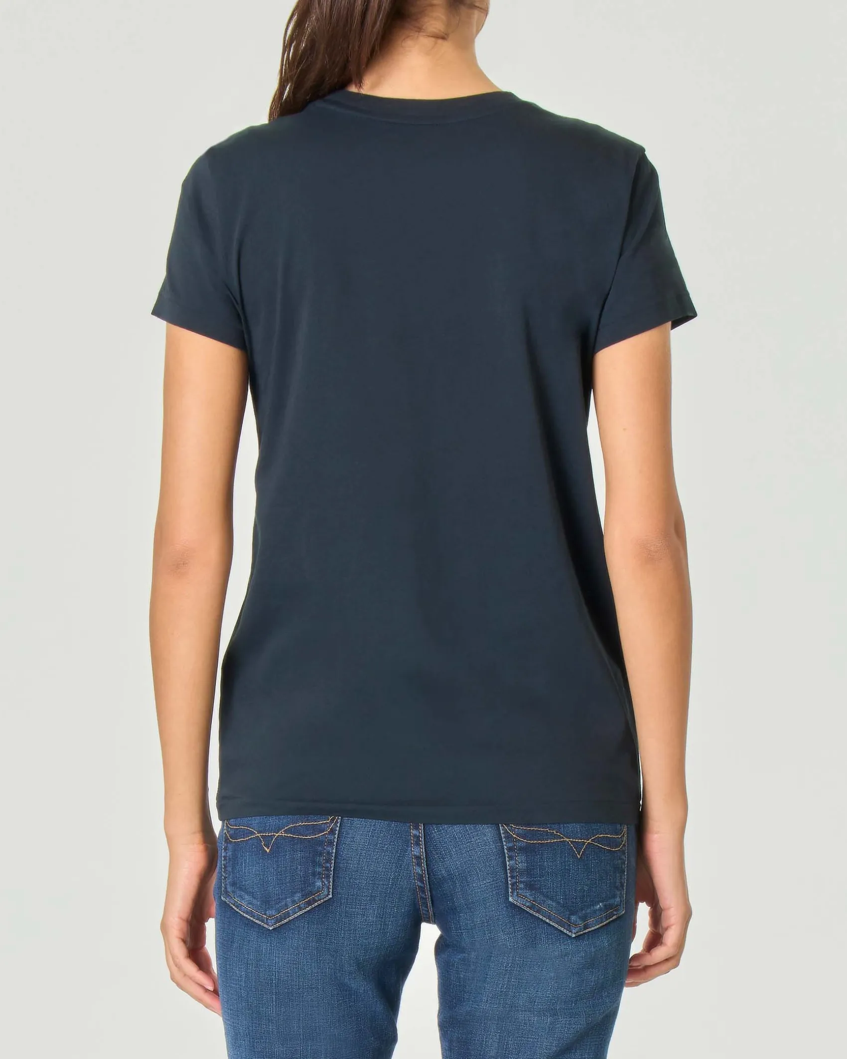 T-shirt nera girocollo in cotone con logo bianco ricamato