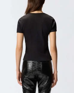 T-shirt nera in cotone a maniche corte Pinko con scritta logo nera ricamata sul petto