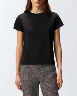 T-shirt nera in cotone a maniche corte Pinko con mini logo stampato a contrasto sul petto
