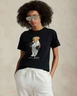 T-shirt nera in cotone con Polo Bear boxeur stampata sul davanti