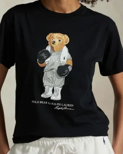 T-shirt nera in cotone con Polo Bear boxeur stampata sul davanti