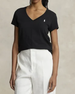 T-shirt nera in cotone con scollo a V e logo ricamato sul petto