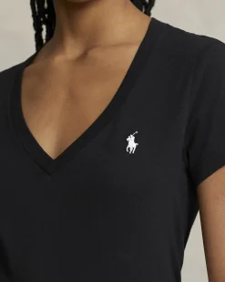 T-shirt nera in cotone con scollo a V e logo ricamato sul petto