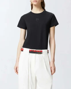 T-shirt nera in cotone Pinko con logo ricamato tono su tono sul petto