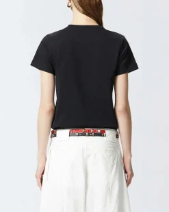 T-shirt nera in cotone Pinko con logo ricamato tono su tono sul petto