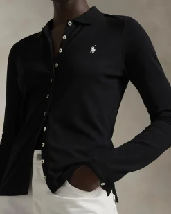 T-shirt nera in piquè di cotone a maniche lunghe con bottoni e colletto a camicia