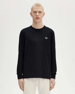 T-shirt nera manica lunga in puro cotone con logo corona d'alloro sul petto