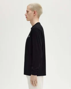 T-shirt nera manica lunga in puro cotone con logo corona d'alloro sul petto