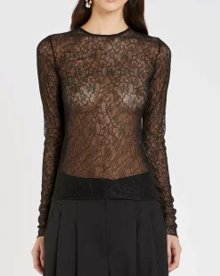 T-shirt nera Marella in pizzo stretch semi trasparente a maniche lunghe.