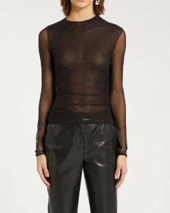 T-shirt nera Marella in tulle stretch doppiato semi trasparente a maniche lunghe