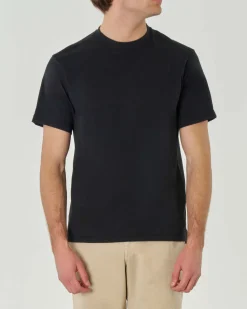 T-shirt nera mezza manica in jersey di cotone fiammato