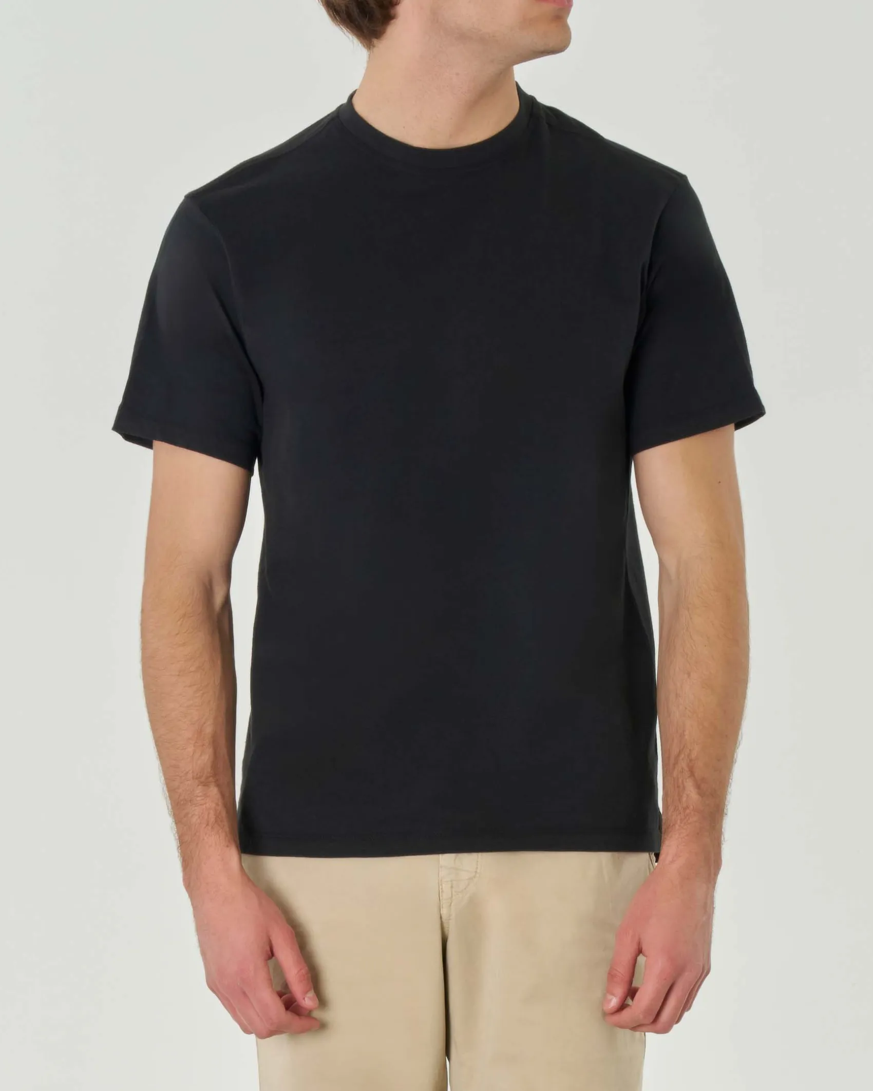 T-shirt nera mezza manica in jersey di cotone fiammato