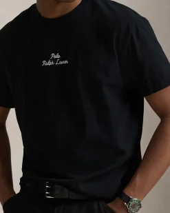 T-shirt nera Polo Ralph Lauren classic-fit mezza manica con logo scritta ricamato davanti