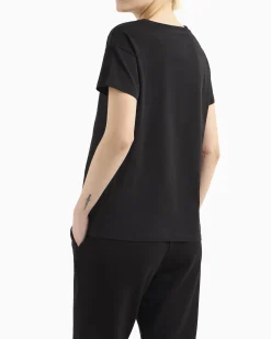 T-shirt nera relaxed-fit in jersey di puro cotone con logo piccolo in strass centrale sul petto