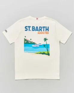 T-shirt panna in cotone a maniche corte con stampa St. Barth Addicted