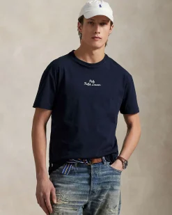 T-shirt Polo Ralph Lauren blu classic-fit mezza manica con logo scritta ricamato davanti