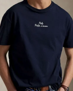 T-shirt Polo Ralph Lauren blu classic-fit mezza manica con logo scritta ricamato davanti