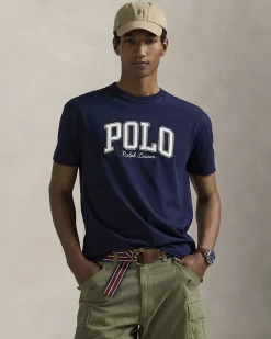 T-shirt Polo Ralph Lauren blu mezza manica in puro cotone con stampa scritta Polo