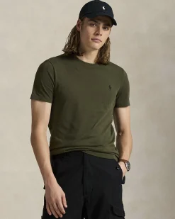 T-shirt Polo Ralph Lauren verde militare custom slim-fit in puro cotone con logo pony nero ricamato sul petto