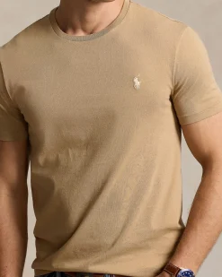 T-shirt Polo Ralph Lauren color cammello custom slim-fit in puro cotone con logo pony bianco ricamato sul petto