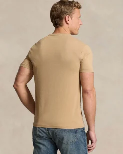 T-shirt Polo Ralph Lauren color cammello custom slim-fit in puro cotone con logo pony bianco ricamato sul petto