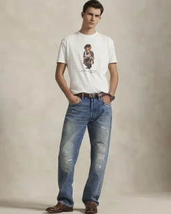 T-shirt Polo Ralph Lauren bianca mezza manica in puro cotone con maxi stampa Polo Bear frontale