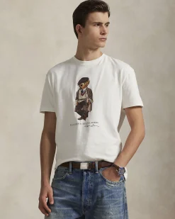 T-shirt Polo Ralph Lauren bianca mezza manica in puro cotone con maxi stampa Polo Bear frontale