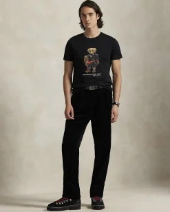 T-shirt Polo Ralph Lauren nera mezza manica in puro cotone con maxi stampa Polo Bear frontale