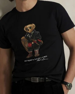 T-shirt Polo Ralph Lauren nera mezza manica in puro cotone con maxi stampa Polo Bear frontale